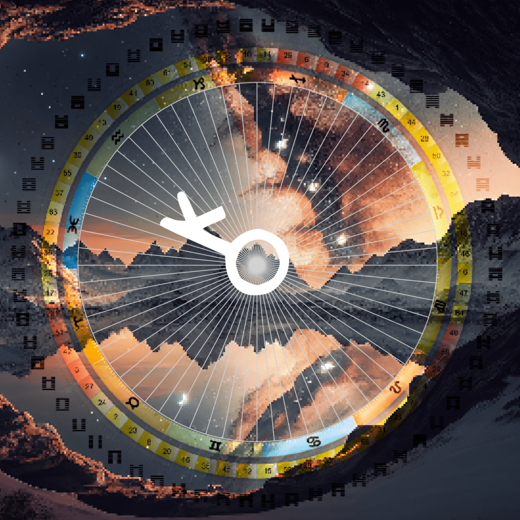 The symbol of Chiron in the center of the Human Design Mandala. The symbol points toward gate 55, line 2: Distrust